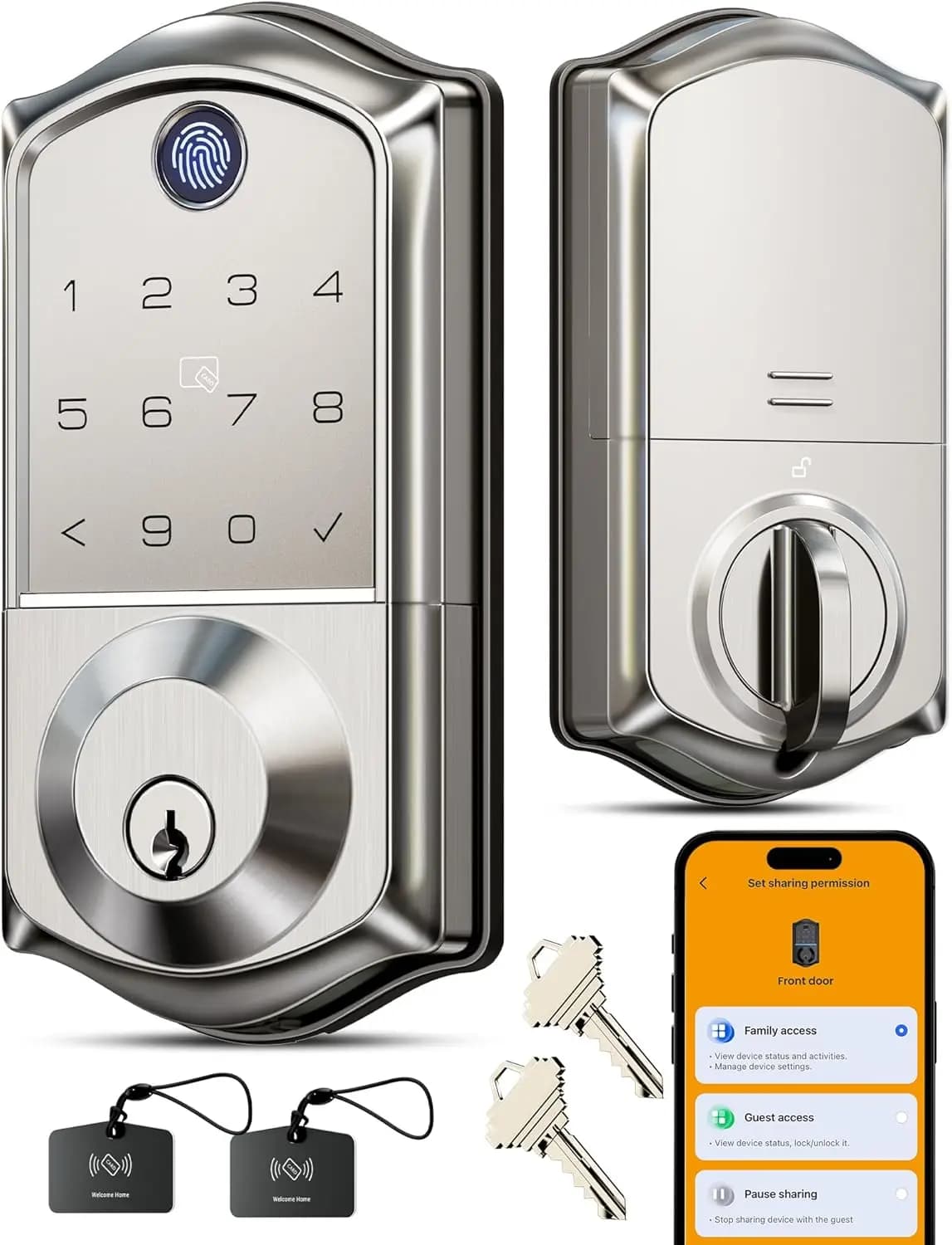 Serratura Intelligente con Impronta Digitale e Controllo App, Accesso Senza Chiave 8-in-1, Chiusura Automatica, Porta di Alimentazione di Emergenza