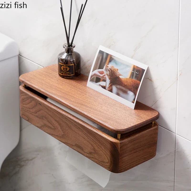Portarotolo in Legno di Noce Nero, Porta Carta Igienica, Porta Fazzoletti da Parete per Bagno, Scaffale Portaoggetti Domestico