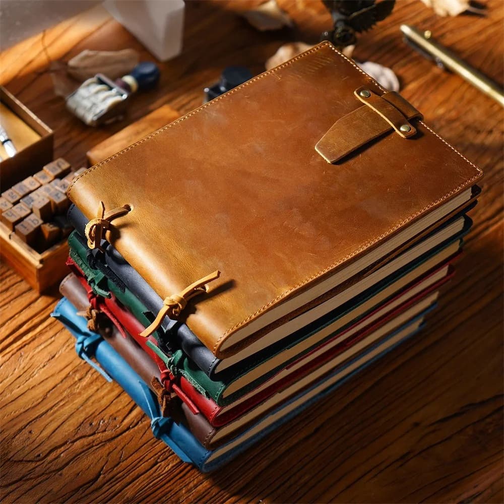 Sewn Genuine Leather Notebook 6 Colors Handmade Journal with Lock Blank Kraft Paper 200 Pages Sketchbook School Office Book Gift