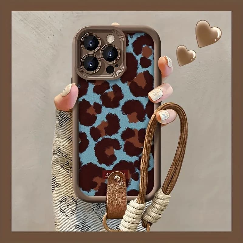 Retro Blue Leopard Lanyard Strap Rope Phone Case For iPhone 14 15 16 17 ProMax 15 14 13 Pro Plus Shockproof Matte Silicone Funda