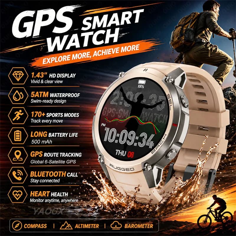 New GPS Smart Watch 1.43" Waterproof Sports Modes Compass Altimeter Barometer Health Monitoring Offline Maps 500mAh Smart Watch