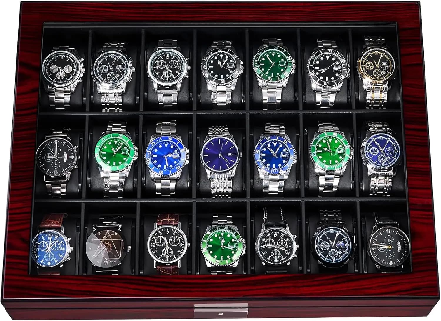 Espositore per 21 Orologi con Coperchio in Vetro Bloccabile, Organizzatore in Legno per Uomo - Elegante Confezione Regalo