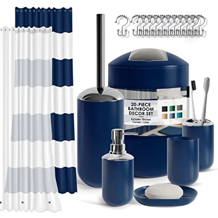 Set da Bagno - Set di Accessori per il Bagno, Set di 20 Pezzi, Set Tenda Doccia con Rivestimento, Portaspazzolino, Portasapone