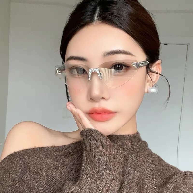 Sunglasses With Rhinestones Without Frame Cat Eye Women's Sexy Designer Luxury Branded Designer UV400 Driving Glasses in Metal punk retro