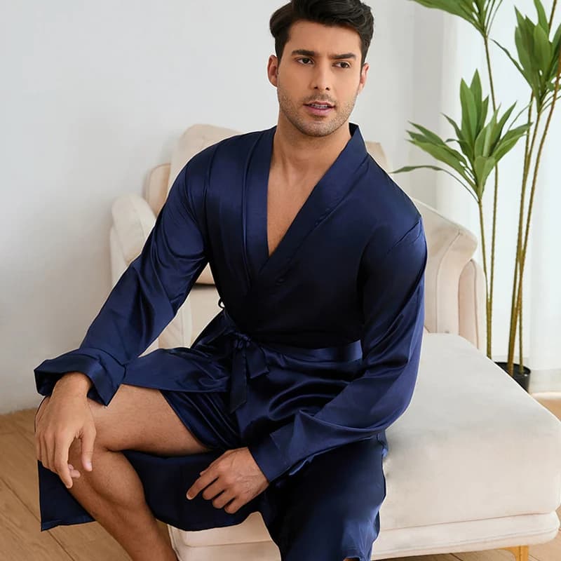 Solid Color Simple Homewear Men's Sleepwear Silk Satin Robe Shorts Pajamas Suit Spring Autumn Long Sleeved Bathrobe Nightgown