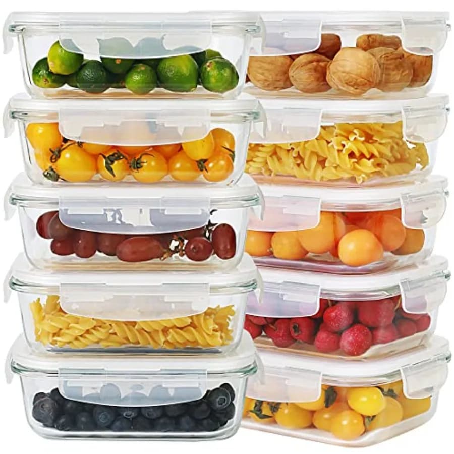 Set di 10 Contenitori in Vetro per Preparazione Pasti, Ciotole per Conservazione Alimenti con Coperchi, Contenitori per Pranzo
