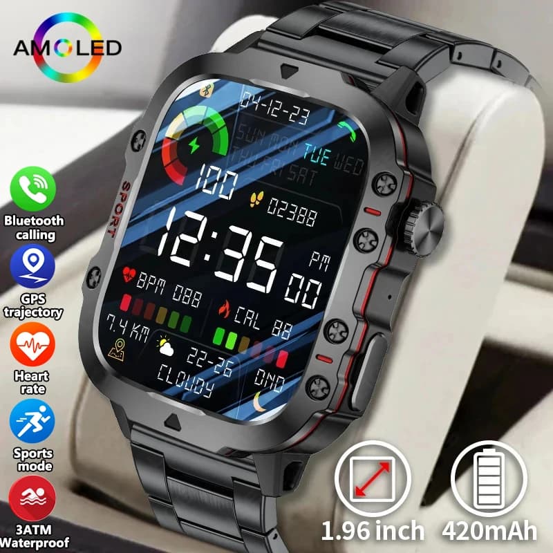 2025 Nuovo Localizzatore GPS Militare Astuto Della Vigilanza Degli Uomini IP68 5ATM Sport All'aria Aperta Fitness Tracker Monitor di Salute 1.96 "BT Chiamata Smartwatch