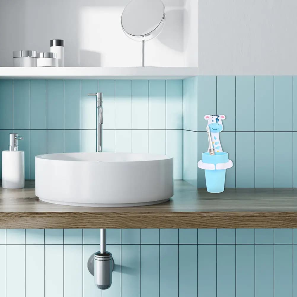 Wall Mounted Toothbrush Holder Cup Set 2 Pack Punch Free Adhesive Cartoon Bathroom Space Saving Organizer