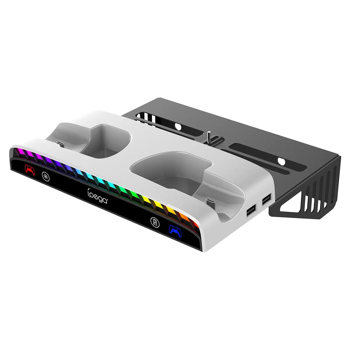 Supporto da Parete Multifunzionale IPEGA PG-P5S011 per PS5/PS5 Slim, Dock di Ricarica Rapida con Luce RGB e Hub USB Multiplo