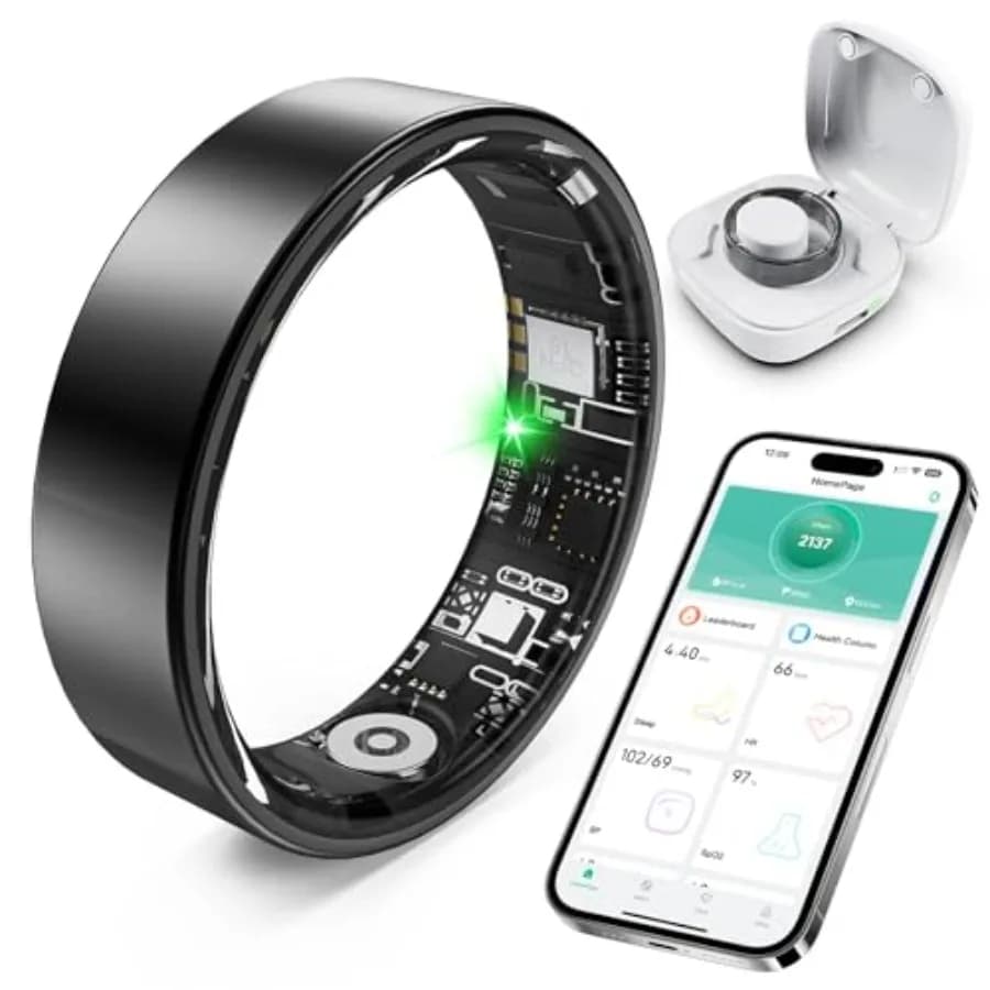 Anello Intelligente per Monitoraggio della Salute con Monitoraggio del Sonno, Contapassi, Frequenza Cardiaca, Ossigeno nel Sangue, Pressione Sanguigna, Compatibile con iPhone e Android
