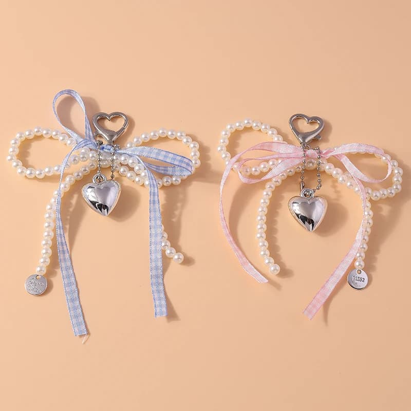 Pretty Handmade Pearl Bowknot Keychain for Women Girl Love Heart Key Ring Pendant Handbag Accessories DIY Jewelry Gift