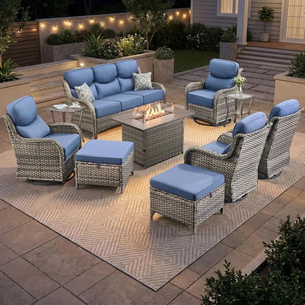 10-Piece Luxury Patio Furniture Set with Cushions, Outdoor Wicker Set Including Fire Pit, Swivel Chairs, Sofa, Side Table, Ottom