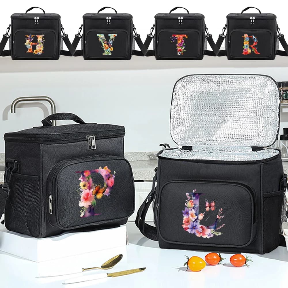 Lunch Box Thermal Bag Black Color Pocket Cute Sweet Trendy Tote Food Storage Bag Convenient Kid Butterfly Letter Printing Series