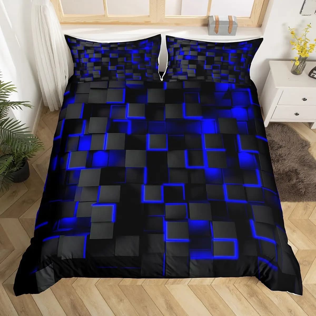 Blue and black bedding duvet set Light geometric bed linen for children Set duvet cover for boys and girls