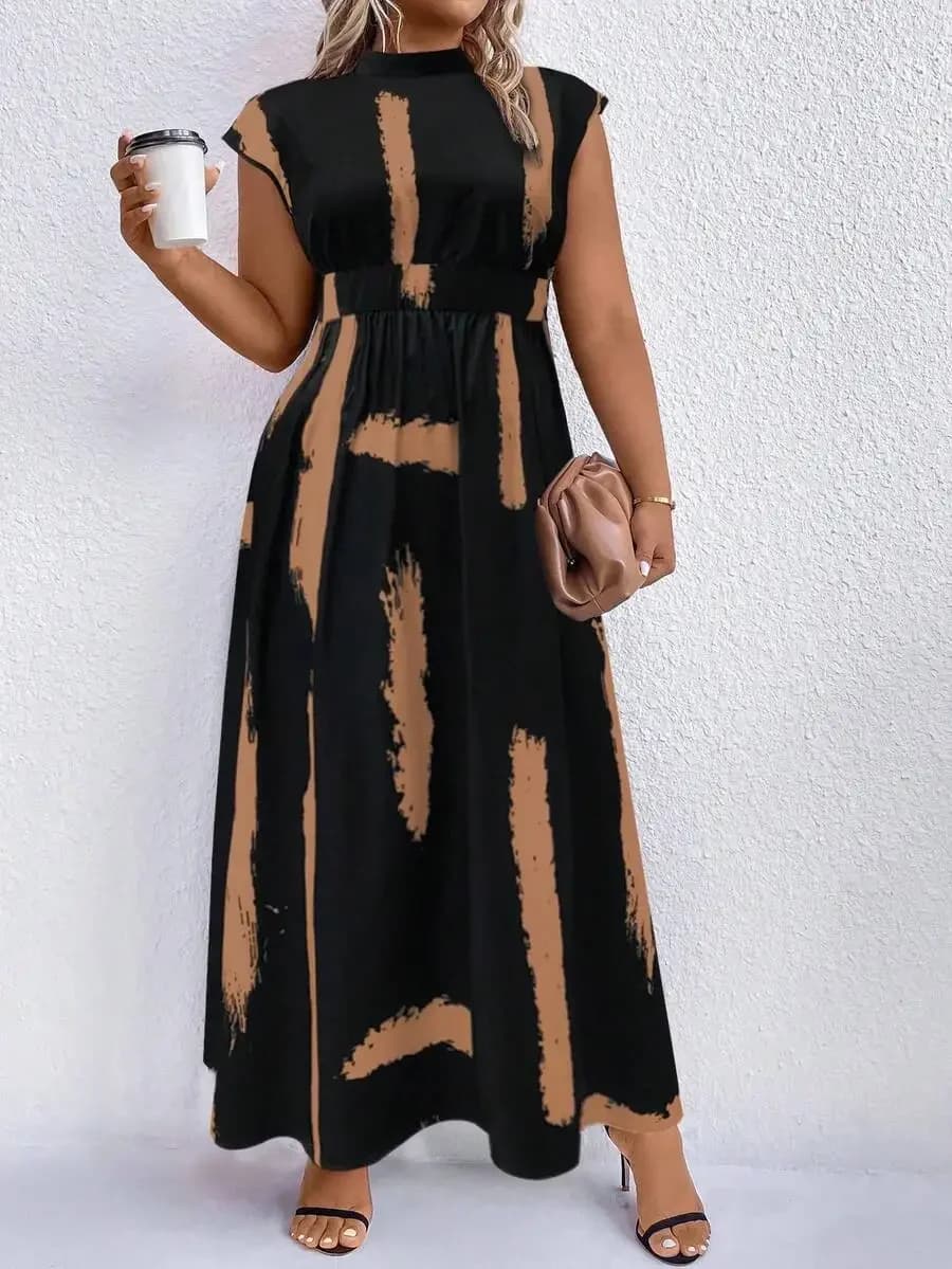 Abito lungo da donna con stampa astratta nero e cammello e collo alto