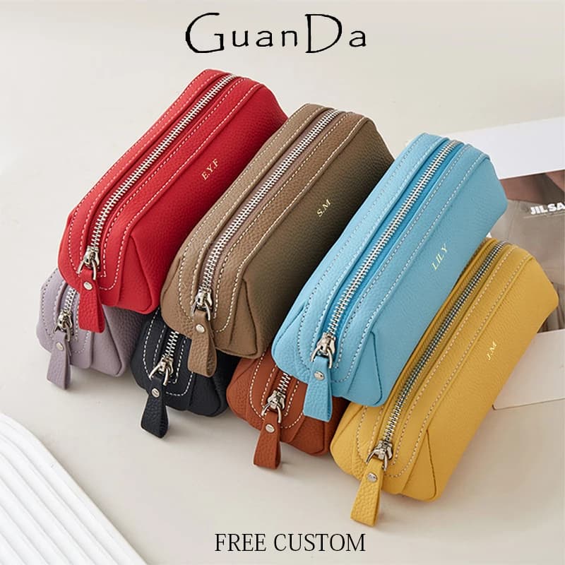 Luxury Fashion Genuine Leather Pen Pouch Business Zip Pen Bag Custom Name Travel Cosmetic DIY Bag Make Up Brush Storage Bag Gift