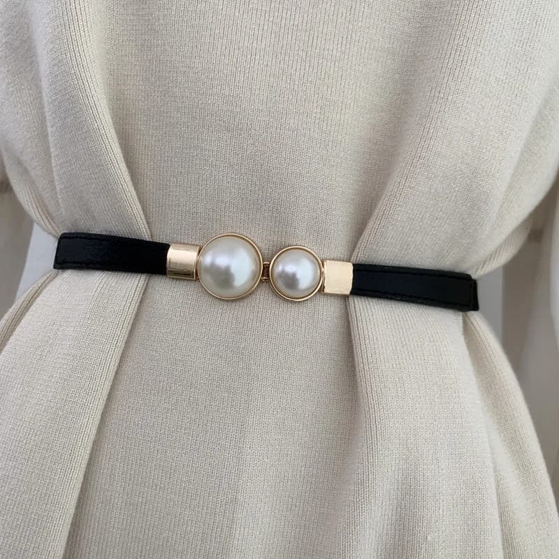 Elegant Double Pearls Elastic Buckle Belts Women's Straps Thin Lady Girl Dress skirt Decor belts decoration pants GM113