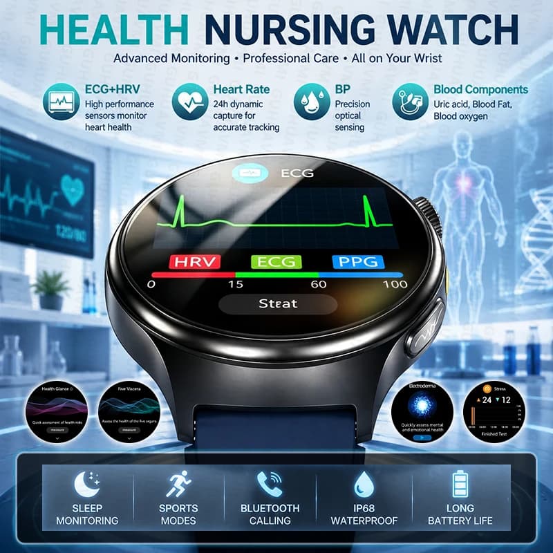 New Nursing Non-invasive Men Smart Watch ECG BP SpO2 Heart Rate Blood Composition Temp Whole-body Examination BT Call Smartwatch