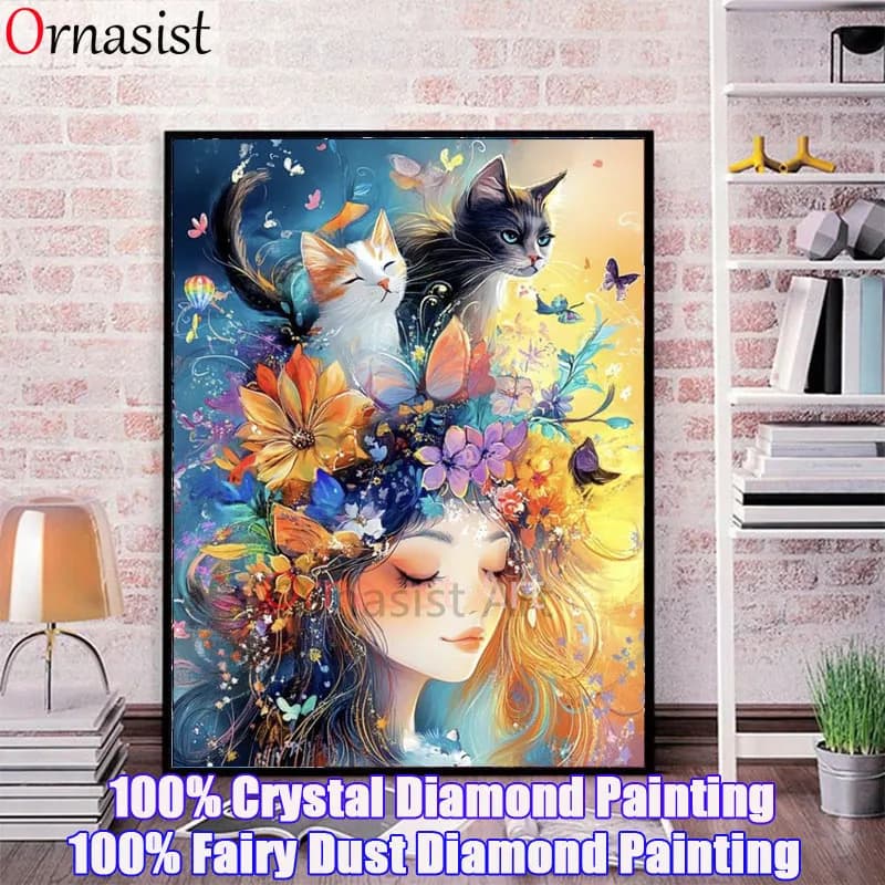 Girl and Cat 5D DIY Fairy Dust Diamond Painting Butterfly Full Crystal Diamond Mosaic Art Cross Stitch Embroidery Kit Home Decor
