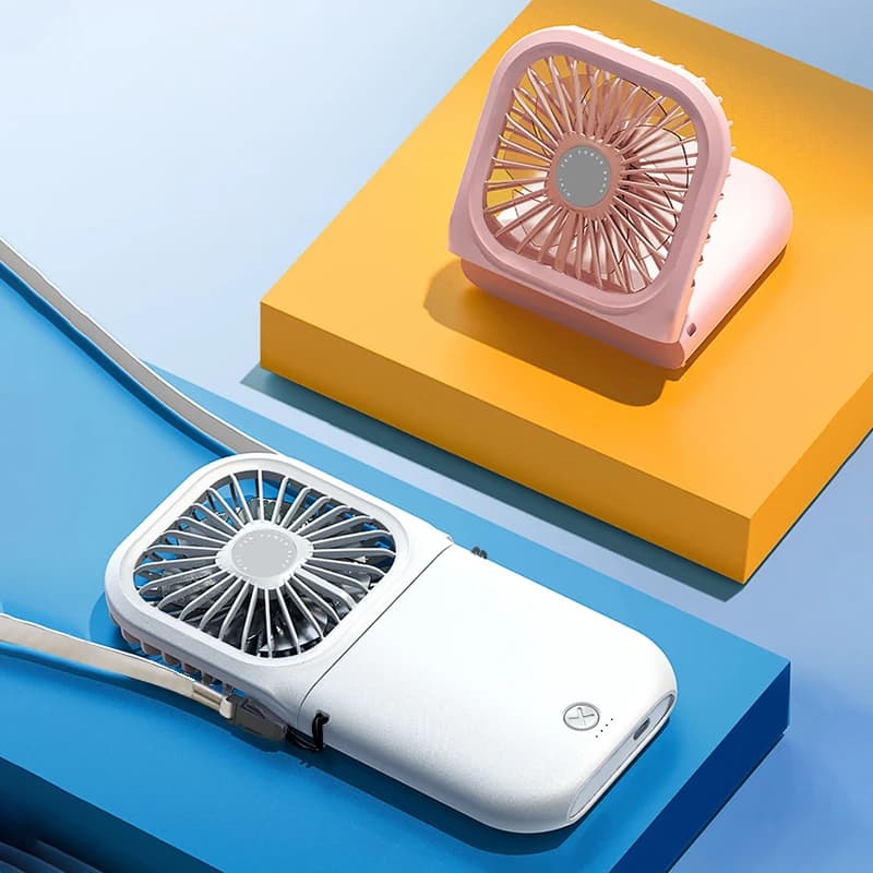 Un elegante ventilatore digitale portatile da appendere al collo, piccolo ventilatore pieghevole da tavolo con ricarica rapida tramite power bank USB.