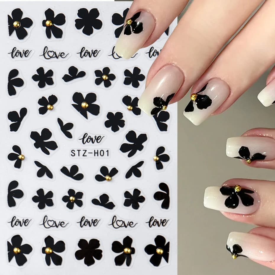 2 pezzi 3D fiore nero adesivi per unghie decalcomanie fiori semplici perline dorate nail art adesivo gel cursori lamina di tatuaggio decorazione manicure