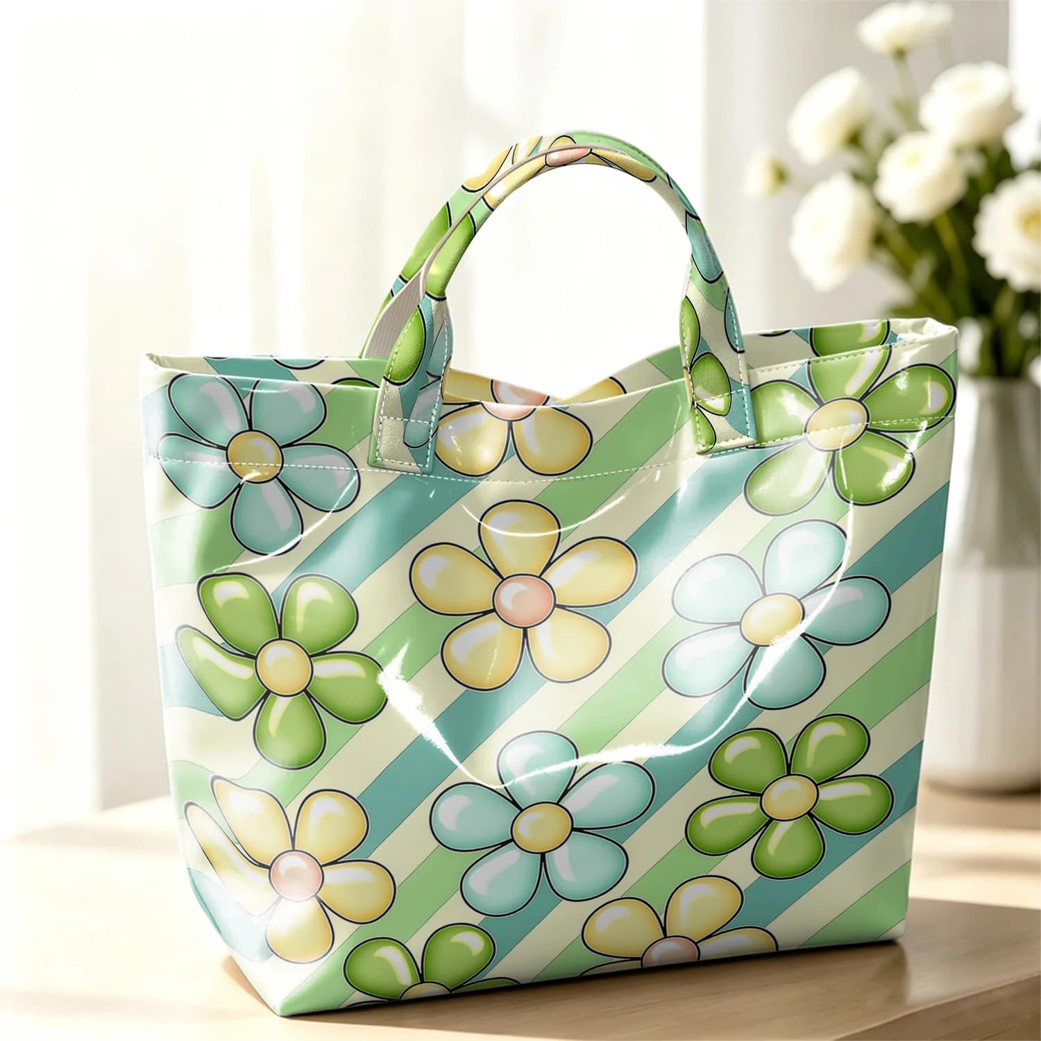 Diagonal Shiny Flower Hot Sale Large Glossy PVC Tote Bag Hand Washable Waterproof for Travel Commute Makeup Storage Handbags