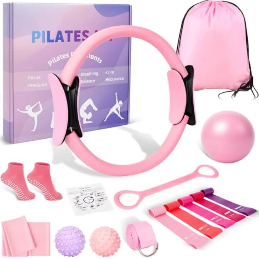 Kit Pilates for Women's Home - Set of 14 Pieces with Pillars Ring and Ball, 5 Resistance Steps, Foam Roller and Training Mat