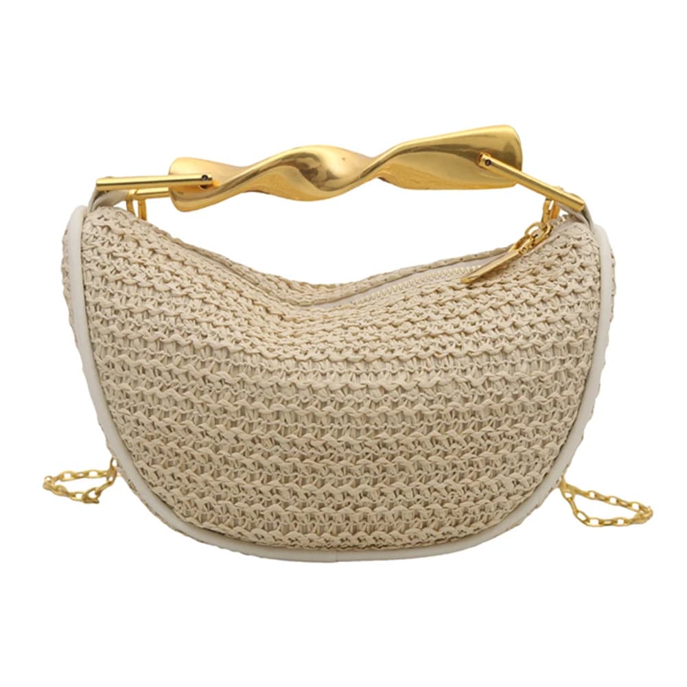 Women's Elegant Knit Shoulder Bag with Metal Handle Summer Beach Shoulder Bag Zippered Travel Bag Fashionable straw