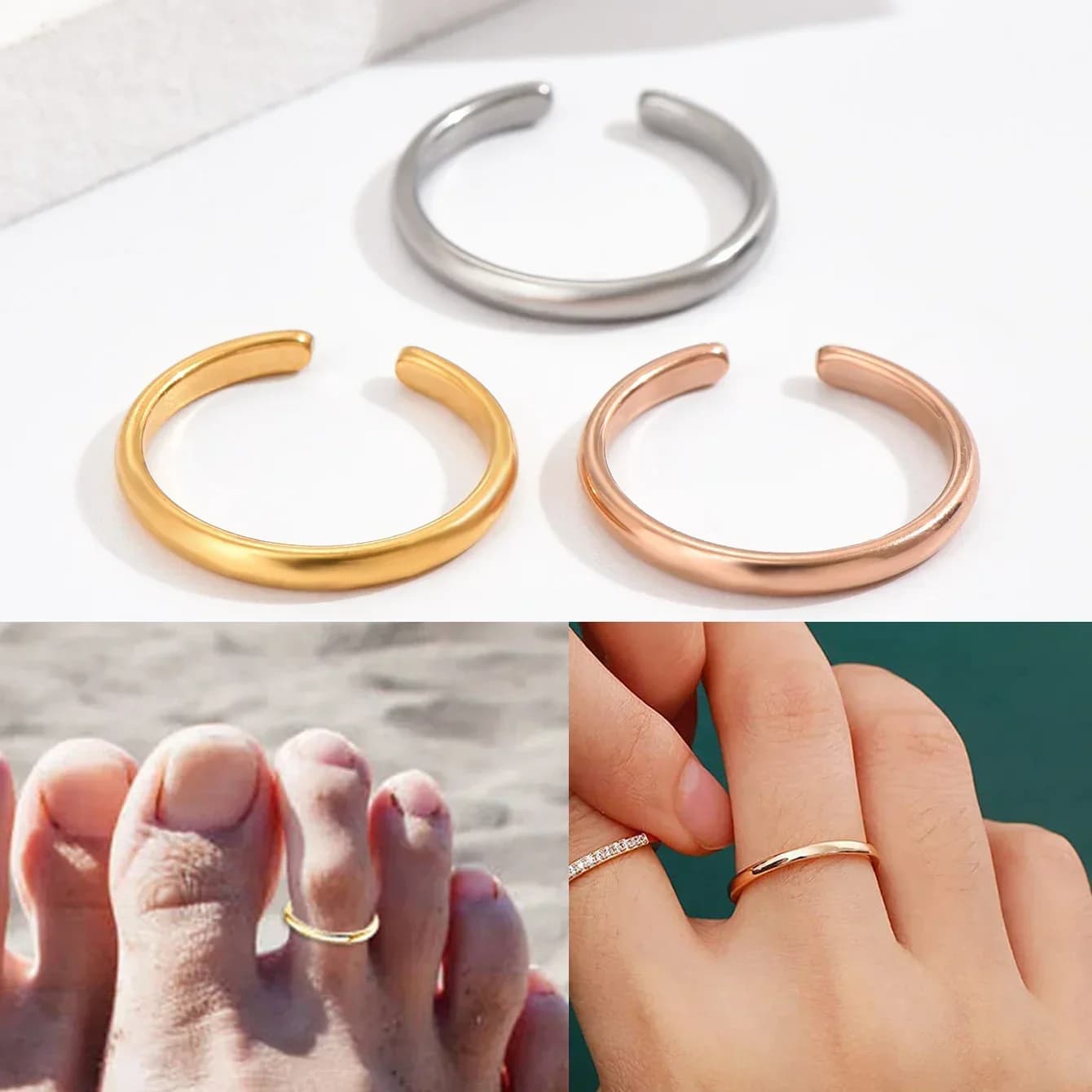 1PC Toe Rings for Women Adjustable Stainless Steel Simple Stars Moon Smooth Ring Summer Beach Finger Foot Ring Gift Jewelry
