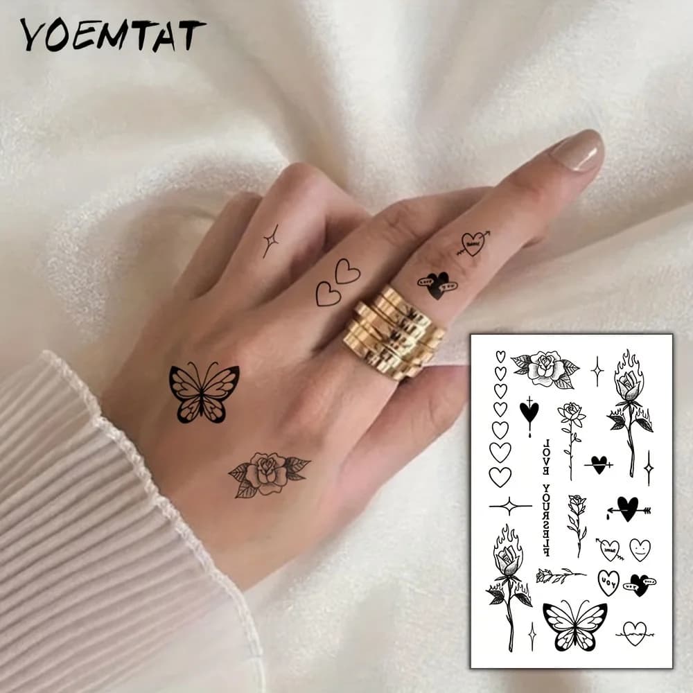 Adesivi per Tatuaggi Temporanei Impermeabili, Tatuaggi Finti per Dita, Braccia, Collo e Polsi per Donne e Uomini, Design con Rose, Fiori, Farfalle e Frecce d'Amore