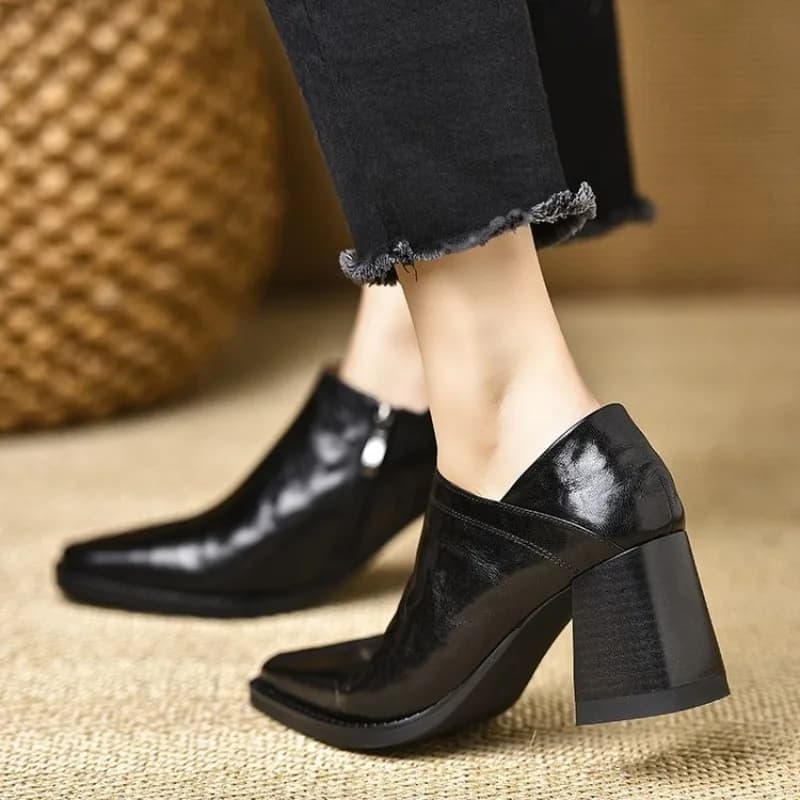 Women's Ankle Boots Pointed Toe High Block Heel Crinkled Glossy Finish Side Zipper Office Dress Shoes Wood Look Heel Detail