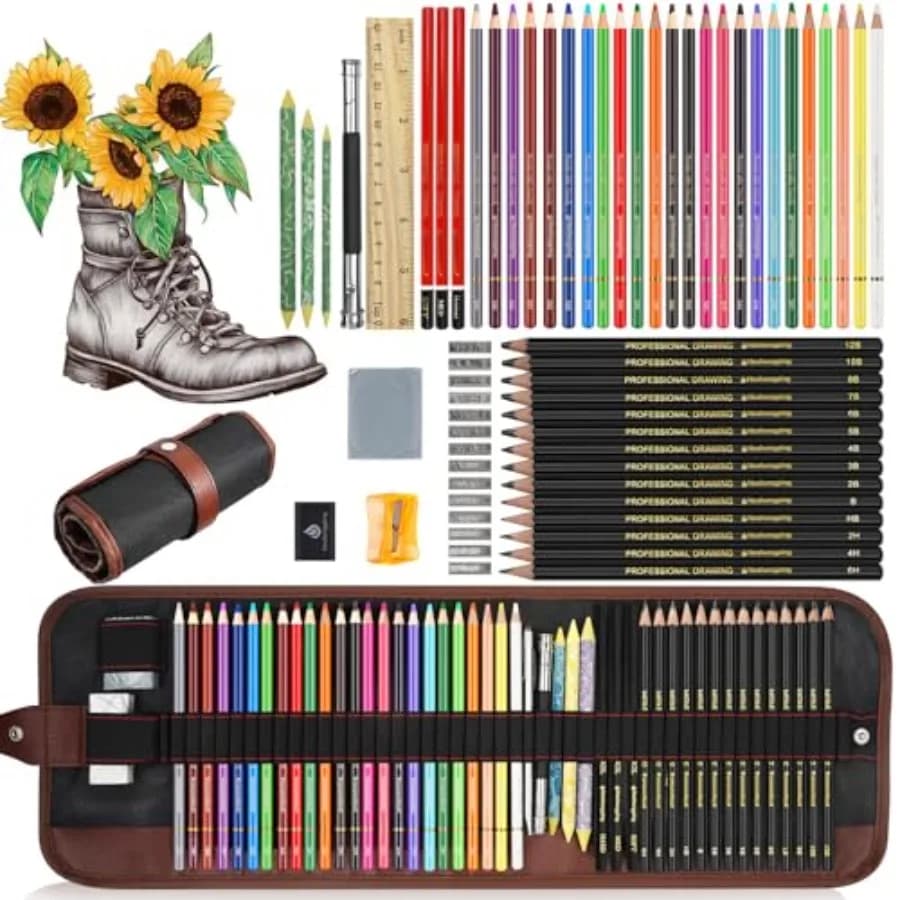 Sketching Drawing Art Pencil Kit- with 24 Color Pencils for Coloring Books, 14 Graphite 3 Charcoal Erasers Etc., Artist Supplie
