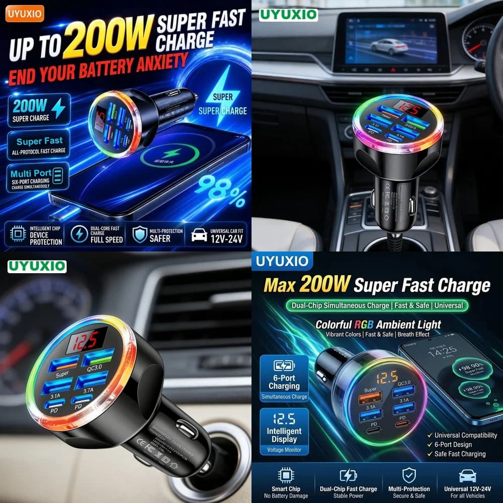 Universal 6 Ports Car Charger Hub Electronics Products for iPhone 18 17 16 Samsung S26 S25 S24 with LED Digital Display Hub