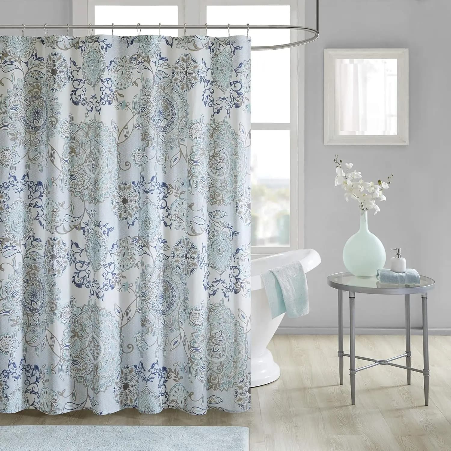 Tenda da doccia con motivo Paisley blu grigio, stampa vintage elegante per l'arredamento del bagno