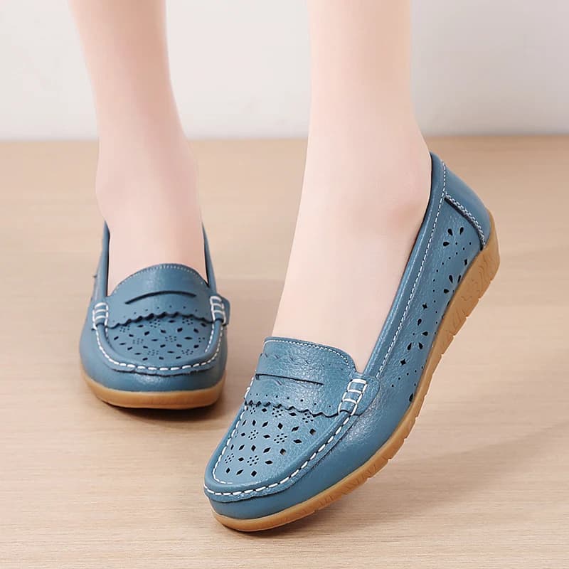 Comfortable Genuine Leather Soft-Soled Loafers for Women, Summer 2026 New Model, Rubber Sole, Wedge Heel, Thick Sole, Hollow Breathable Mom Shoes
