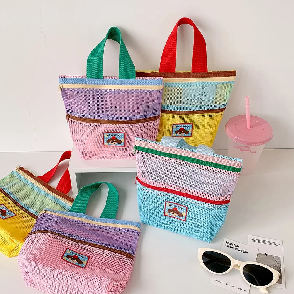 INS style mesh tote bag summer beach tote bag in Korean style Small cosmetic bag in contrasting color Bag for student purse washing