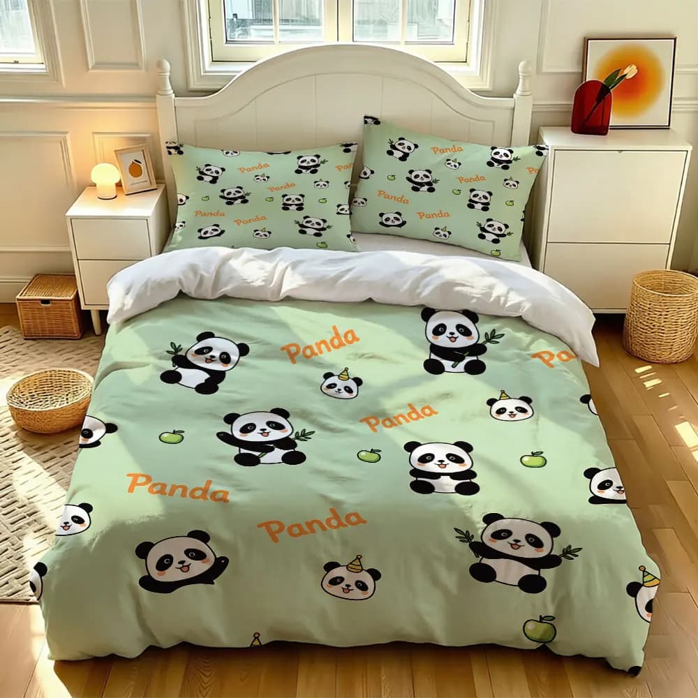 Cartoon Panda 3‑Pieces Bedding Set Duvet Cover Without Filler 2 Pillowcases Soft Comfortable Bedroom Decor Machine Washable H