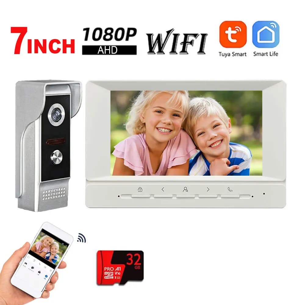 Videocitofono Wi-Fi con Monitor da 7 Pollici, Kit Videocitofono Cablato, Telecamera IR Esterna, Supporto Sblocco Tramite App Tuya