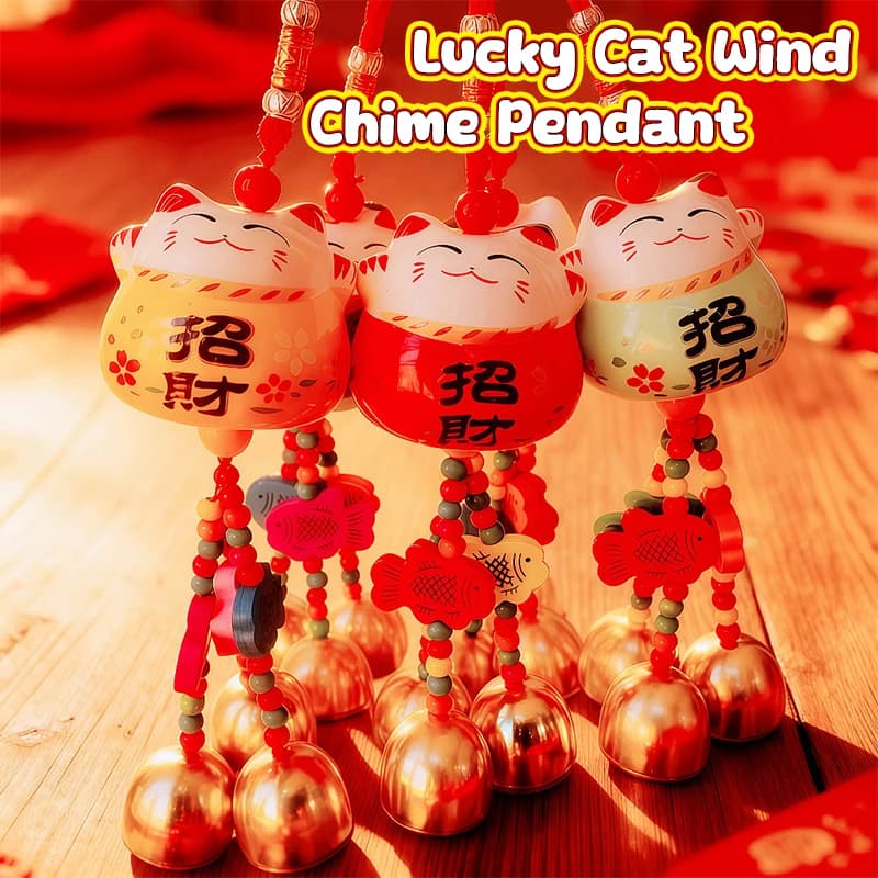 Fortune Cat Ceramic Wind Chimes Hanging Car & Garden Charm Decor with Metal Bells Lucky Feng Shui Craft Good Luck Ornament