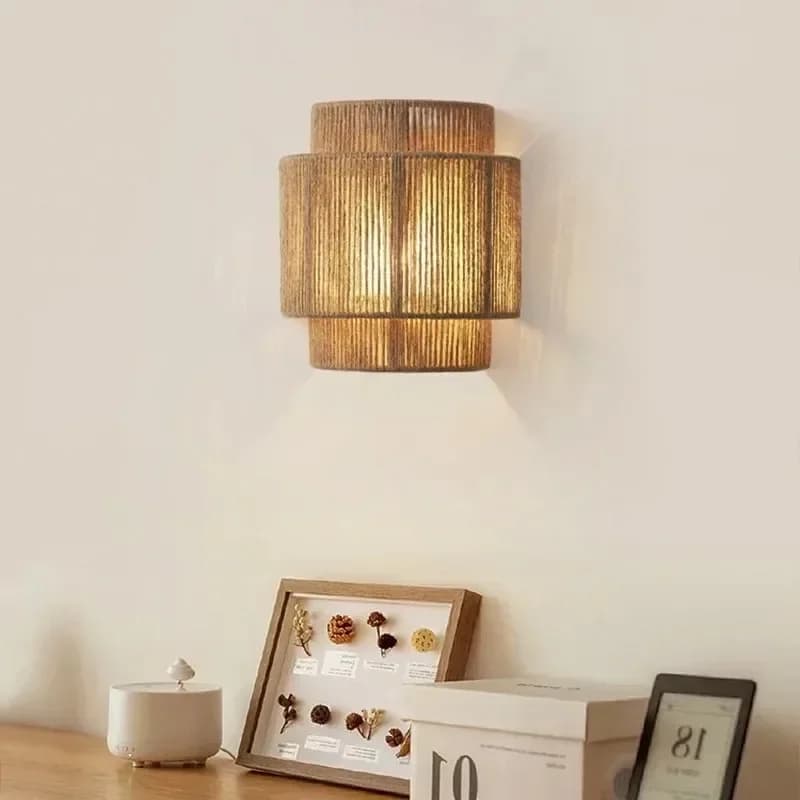 Lampada da parete a led vintage in bambù con corda di canapa, camera da letto, luci da comodino, sala da pranzo, soggiorno, corridoio, lampada da parete in rattan giapponese