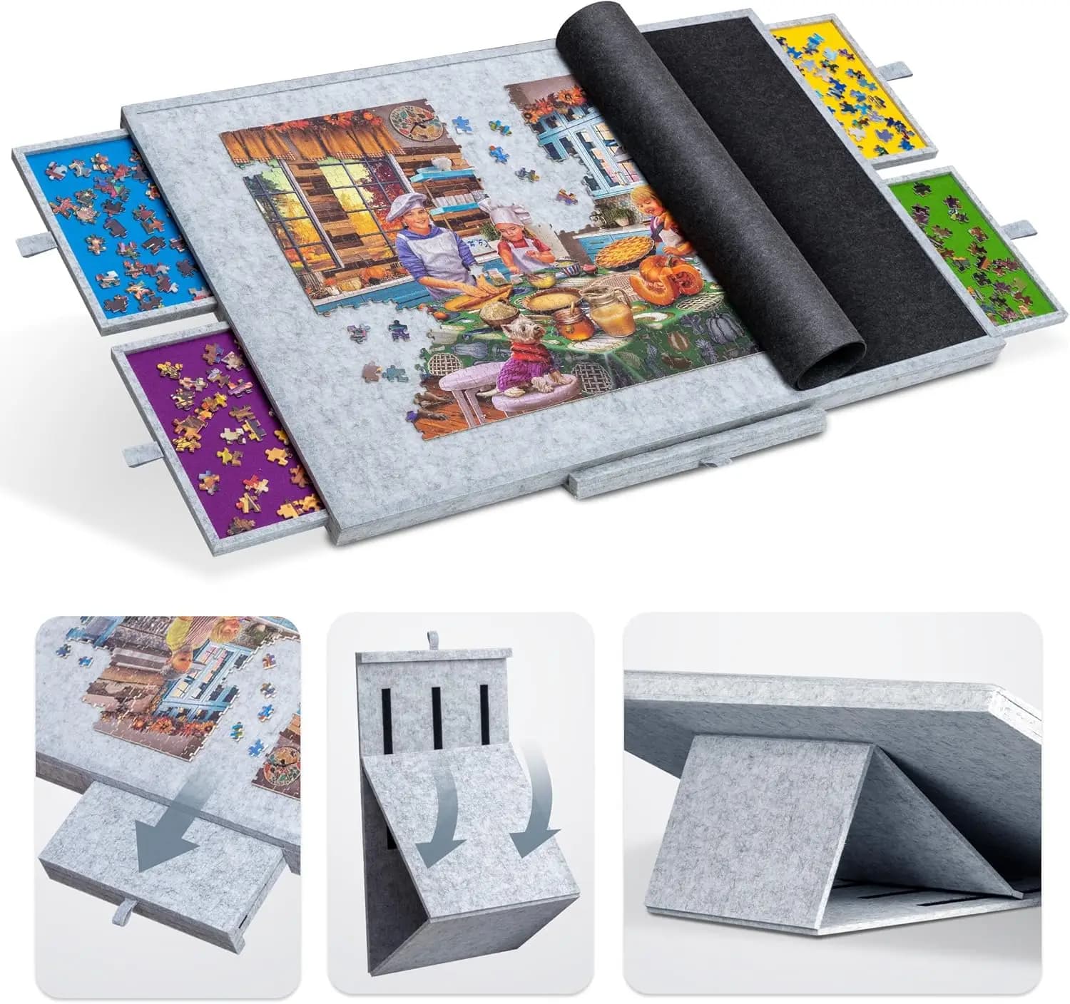 Tavolo da puzzle regolabile con pannello in feltro leggero, copertura e 4 cassetti per un massimo di 1500 pezzi