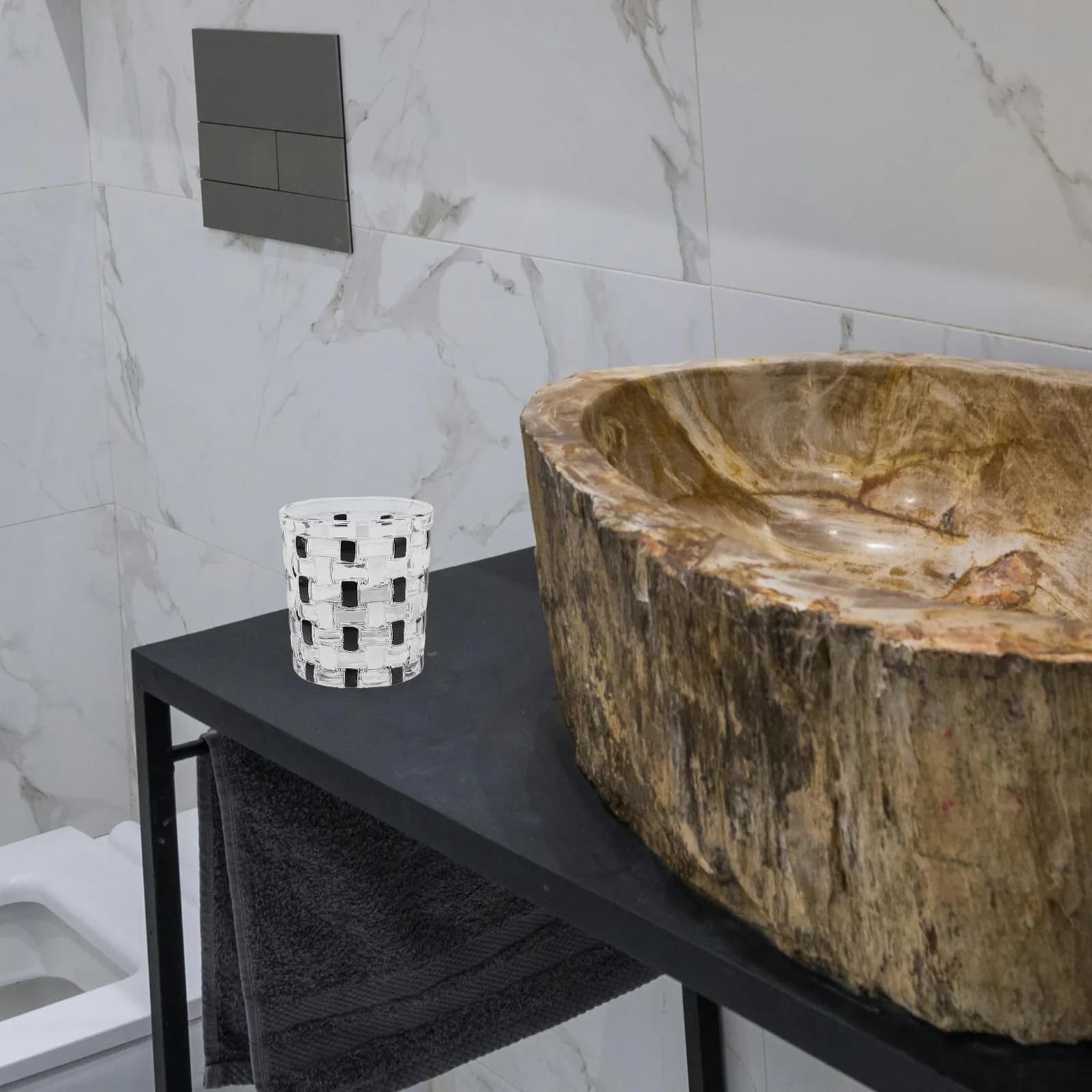 Bicchiere da Bagno Classico a Scacchiera in Vetro, Porta Spazzolino, Bicchiere per Risciacquo, Bicchiere Portatile per Collutorio, per Viaggi in Famiglia