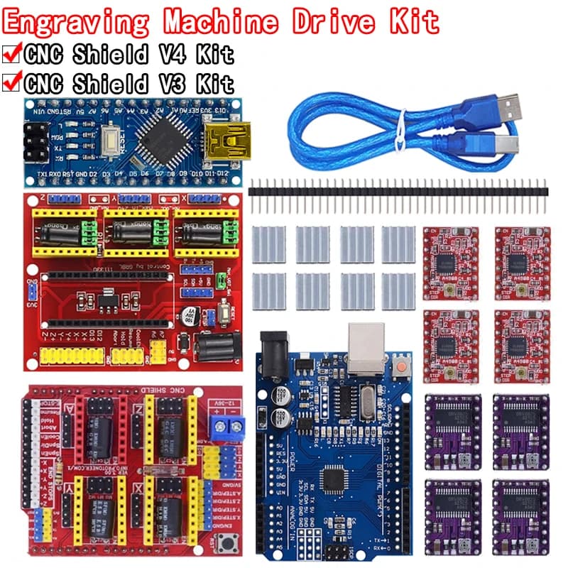 Expansion card CNC Shield v3 V4 for engraving machine and 3D printer + A4988 driver for NANO 3.0 / UNO R3 with USB cable XCW