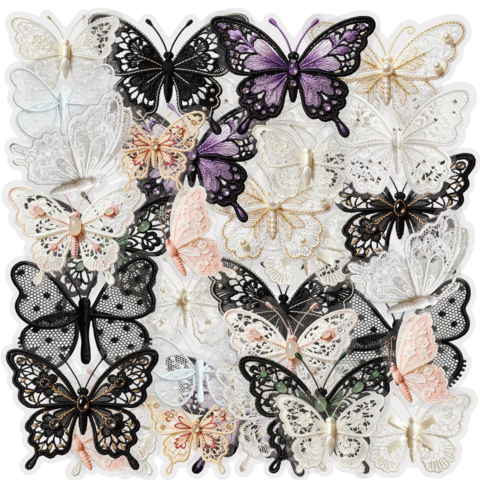 Etori Life 30Pcs Black and White Embroidered Butterfly Collage Stickers with Vintage Lace Patterns, Handmade Card Decoration Materials Suitable for Notebooks, Handbags, Photo Albums, Pencil Cases and Holders, Diaries, DIY Decorations, Helmets and Bicycles, Scrapbook Supplies, Office Decoration Supplies, Room Decoration, Vintage Parties, Artistic Aesthetics, Back-To-School Season, School Supplies, Cycling Decals, Children's Stationery Stickers