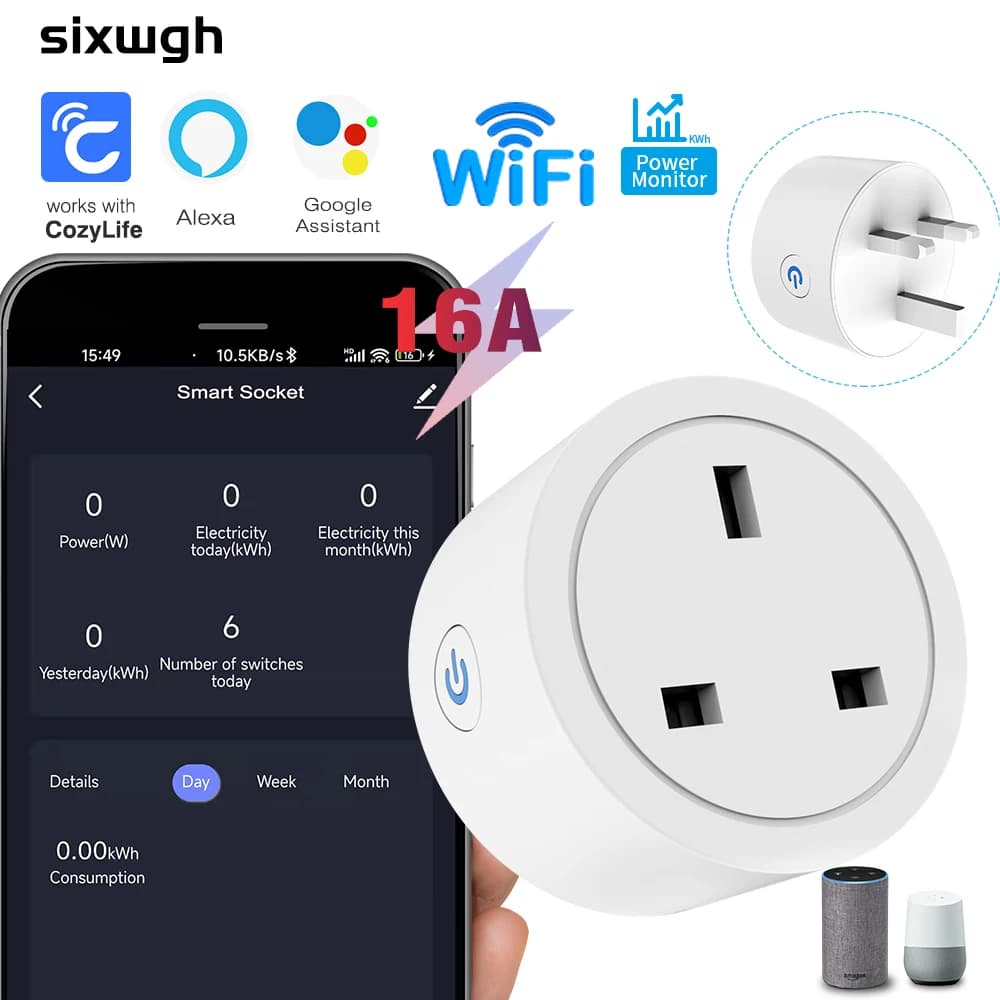 Presa intelligente WiFi 16A con spina UK e monitoraggio energetico, supporta l'app CozyLife, funziona con Alexa, controllo vocale Google Home