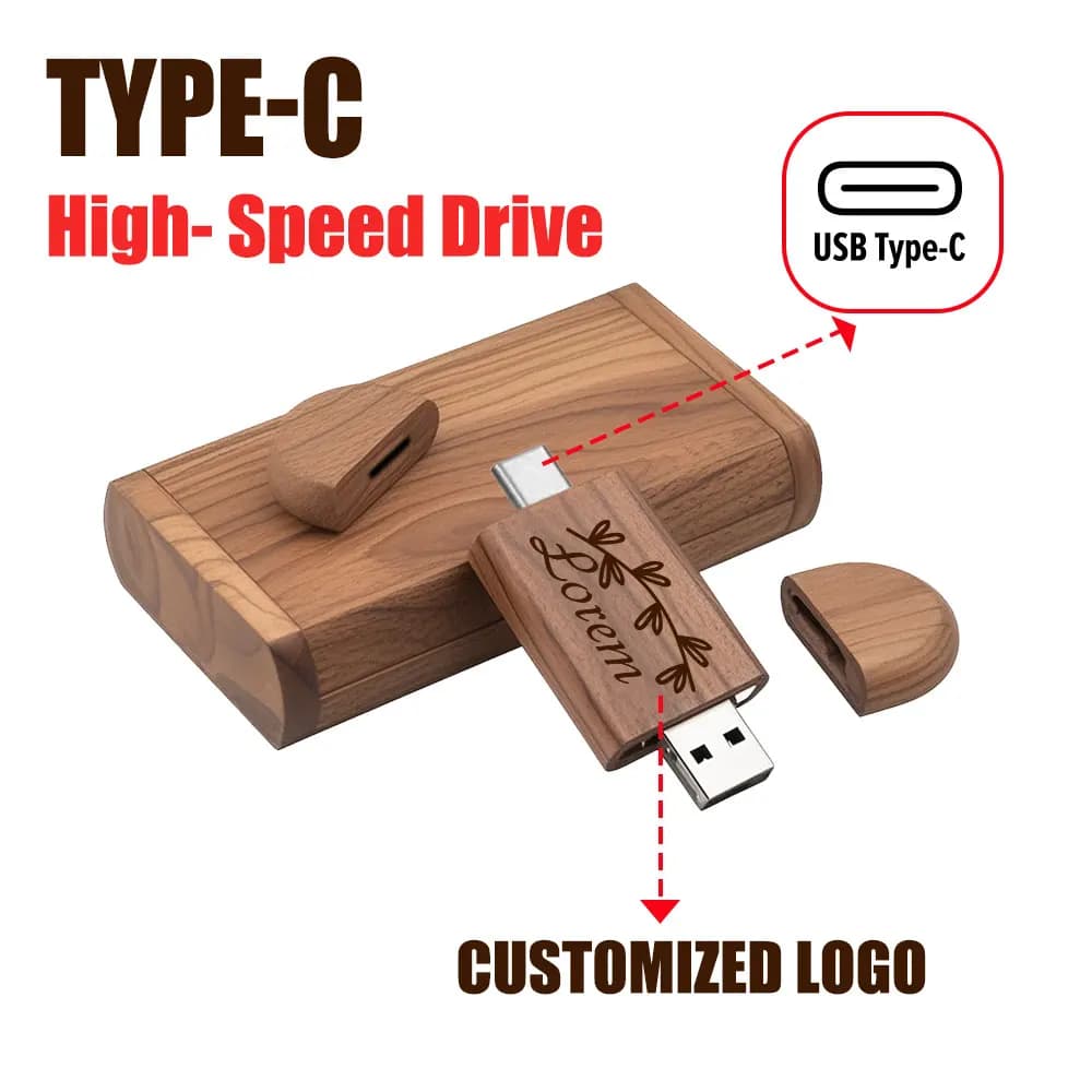 Logo gratuito Creativo Nuovo in legno TYPE-C USB 2.0 Flash Drive 128 GB Pen Drive 64 GB con scatola 32 GB 16 GB Cle Memory Stick Memories Regali