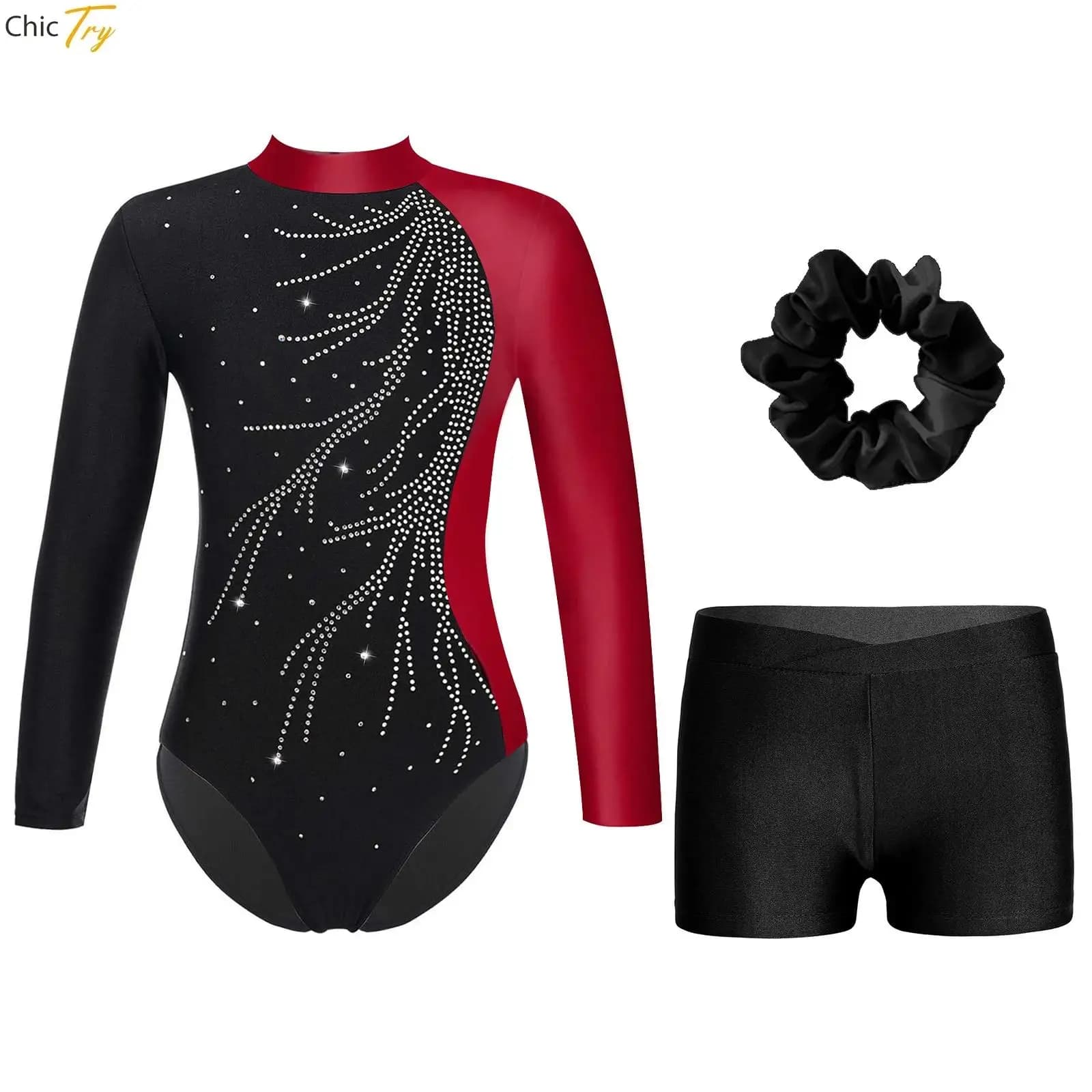 Body da ginnastica per ragazze con strass lucidi Costumi di danza Body a maniche lunghe Pattinaggio di figura + Pantaloncini Fascia per capelli Vestito da prestazione