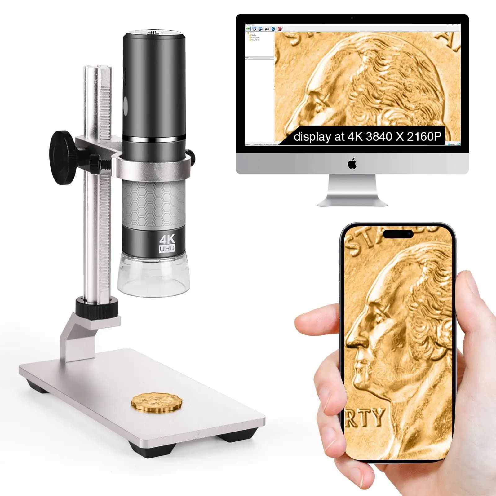 4K WiFi microscope for iPhone Android, 50 to 1000X digital endoscope camera with aluminium support for Mac PC mobile phones