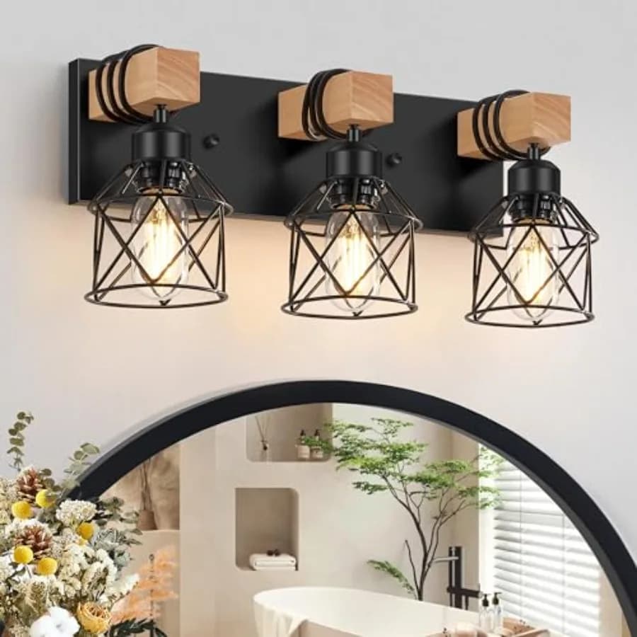Lampada da Bagno a 3 Luci Stile Fattoria, Illuminazione per Specchio in Legno, Lampada Industriale con Paralume in Metallo