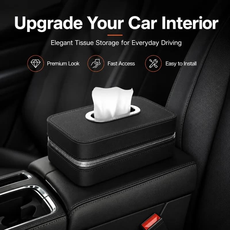 Car Tissue Box Holder PU Leather Backseat Tissue Case with Strap, Armrest Sun Visor Napkin Organizer for Auto Interior